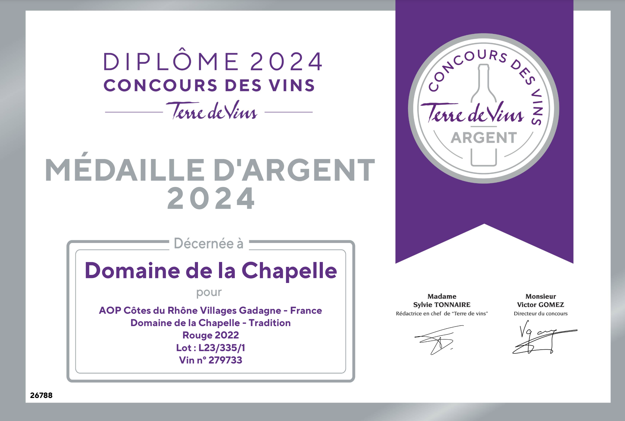 Concours Terre de Vins Domaine de la Chapelle Tradition